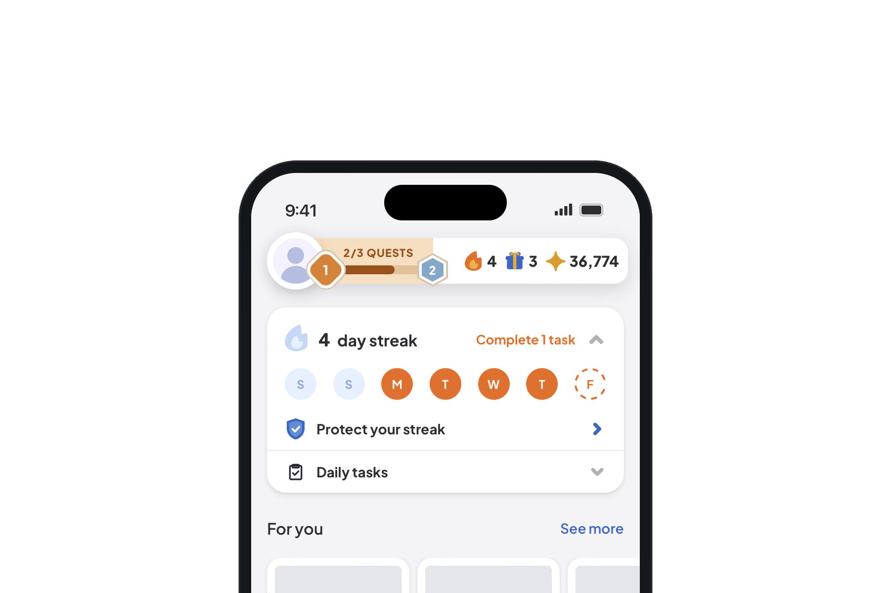Prototype home screen showing a four day streak, daily tasks, and quest progress