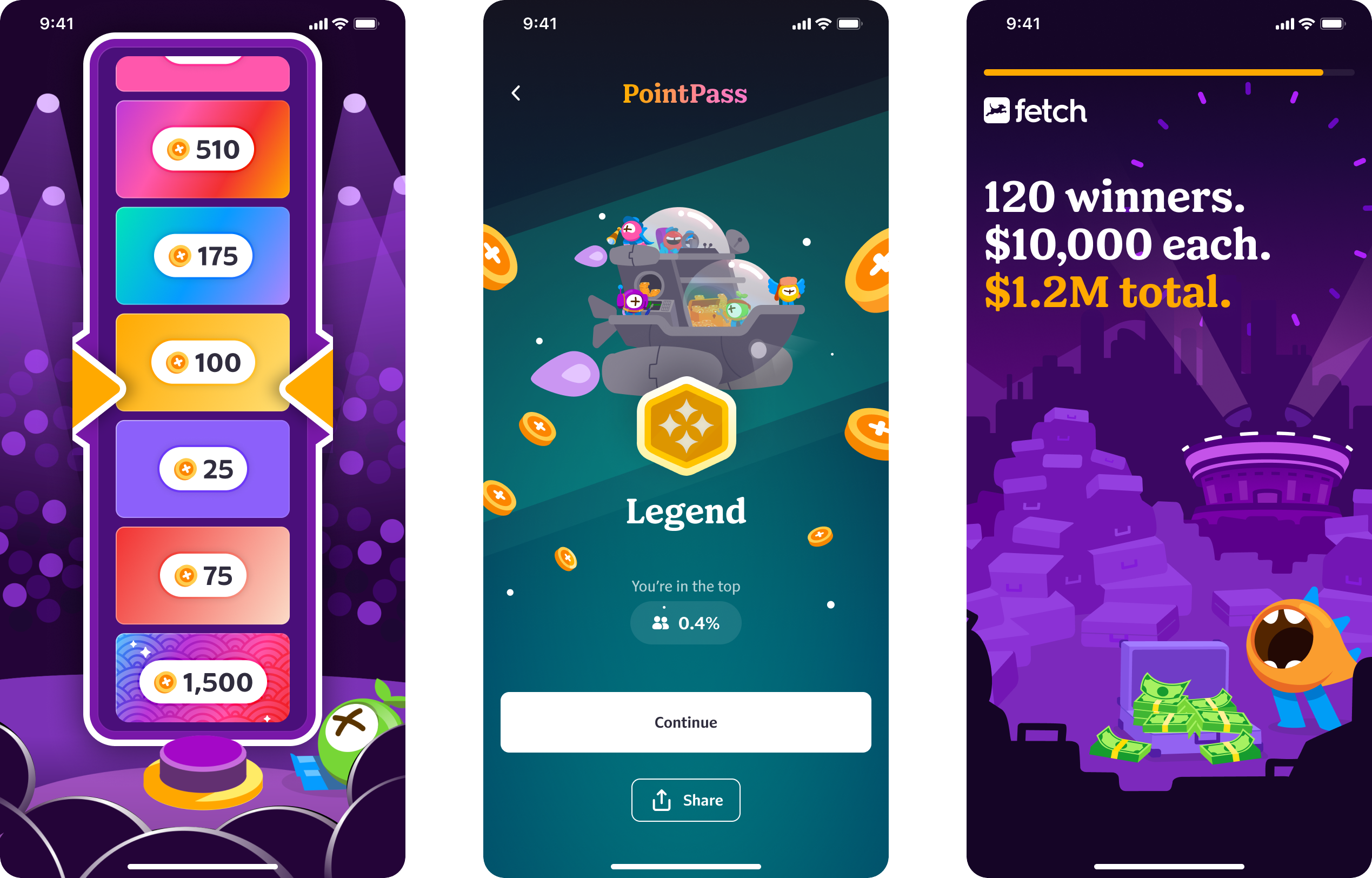 Three Fetch screens: coin selector, PointPass legend tier, and a winners announcement