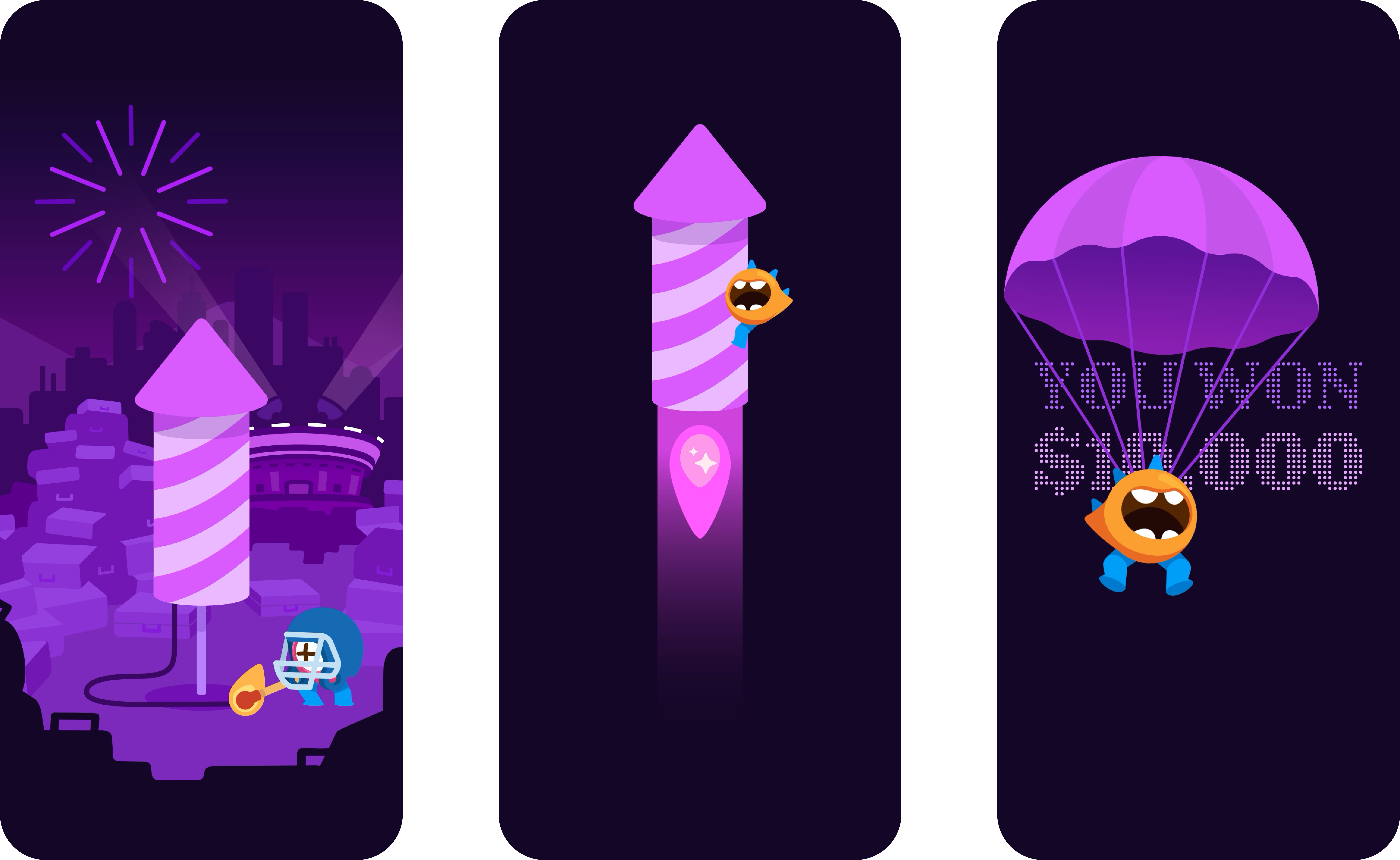 Winner reveal sequence: a Pointling lights a firework, the firework launches, and a Pointling parachutes down under a You won $10,000 message