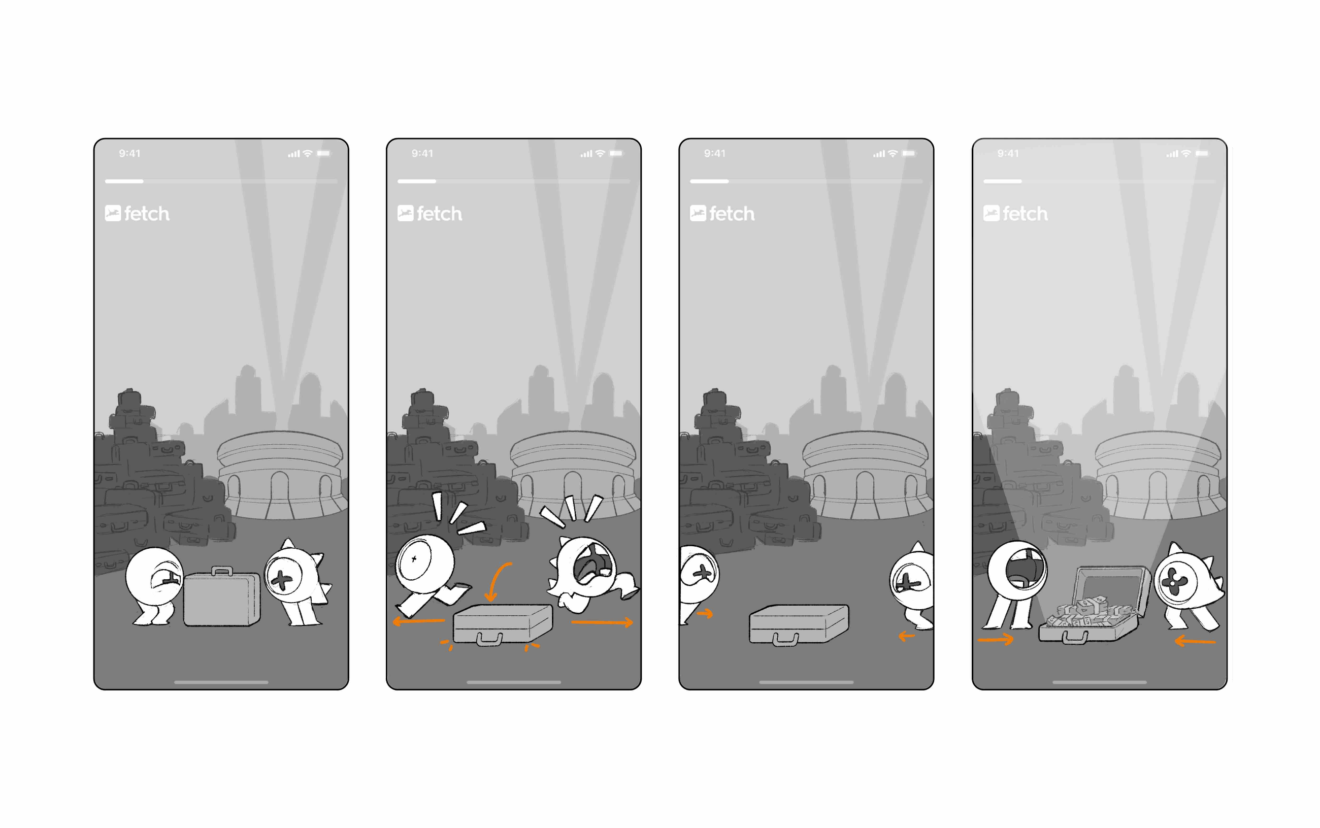 Storyboard frames of the intro sequence: two Fetch Pointlings discover a briefcase, knock it over, and reveal it full of cash